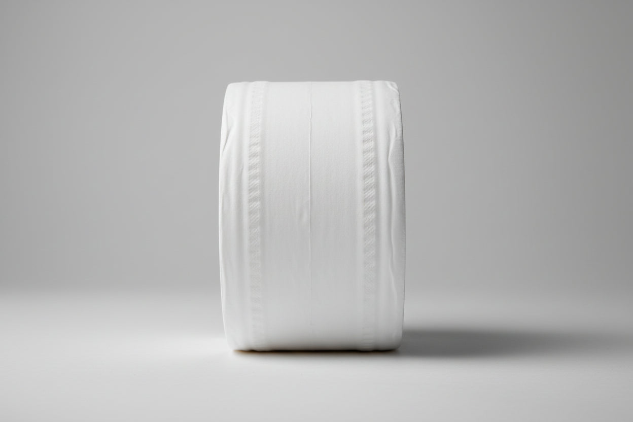 White fabric with a red label indicating width 3.5 inches, on a wooden surface.